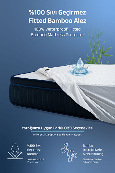 VİSCOTEX Bamboo Premium Sıvı Geçirmez Fitted Alez, Doğal Bambu Nefes Alabilen Sessiz Full Kenar Yatak Koruyucu