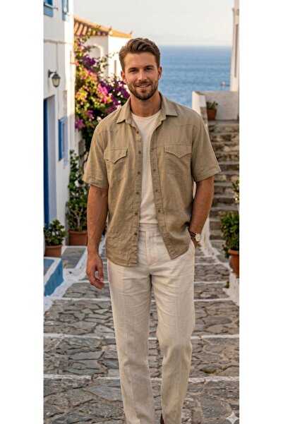 MODA Khaki Colored Linen Double Flap Pocket a Quality Men's Shirt