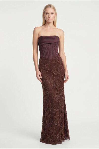SpringStore Kahve Eteği Dantel Straplez Abiye