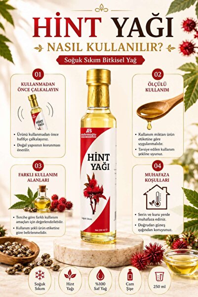 ADEMOĞLU BİTKİSEL SAĞLIK ÜRÜNLERİ Hint Yağı Soğuk Sıkım 250 ML (Castor Oil) %...