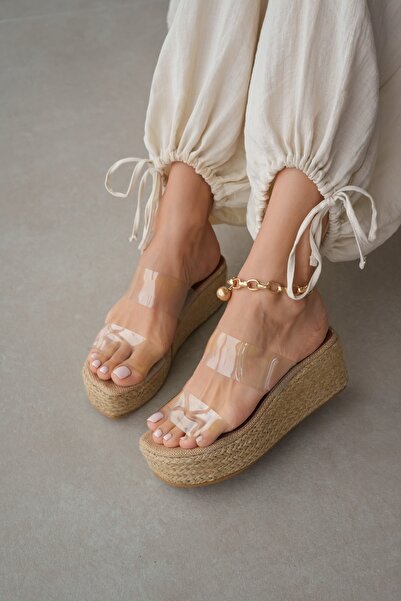 selin shoes Marbella Şeffaf Çift Bant Detay Hasır Dolgu Topuk Kadın Terlik