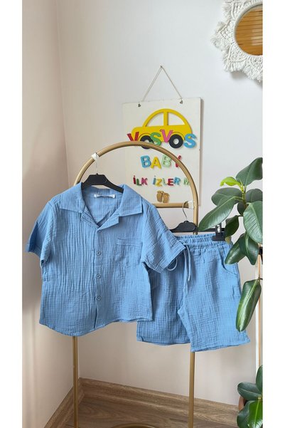 VOSVOSBABY Dark Blue Shirt Collar Children's Muslin Suit with Shorts
