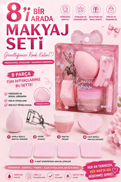 MAKRİ HOME 8 Parça Pembe Makyaj Süngeri, Fırçası ve Kirpik Kıvırıcı Seti