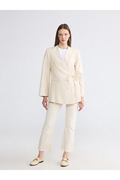 LC Waikiki Double-Breasted Collar Linen Blend Tie-Up Women's Jacket