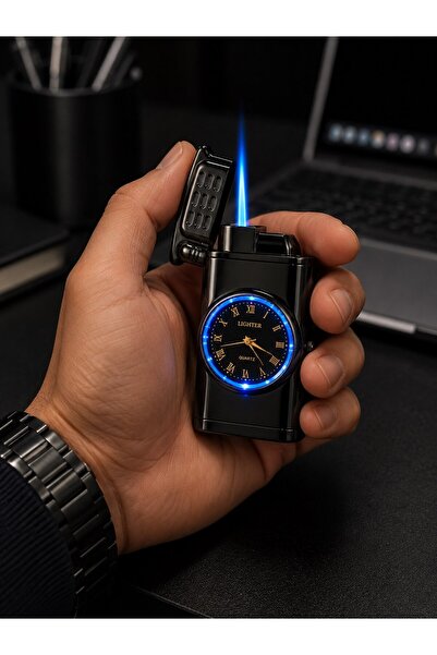 BiTon Toptan Saatli Gazlı Jet Çakmak Füme – LED Işıklı Turbo Alevli - Dolu Gö...