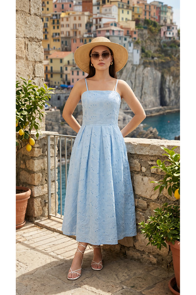 PİNK FLY Embroidered Fabric Strap Lined Dress