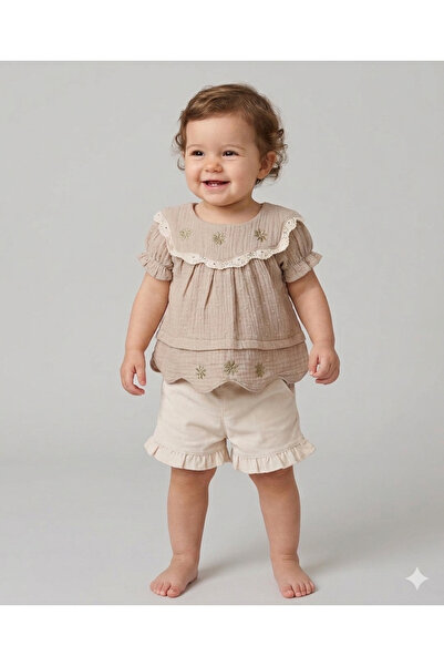 Saninbaby Nakışlı Müslin Bluz & Keten Şort Kız Bebek Takım