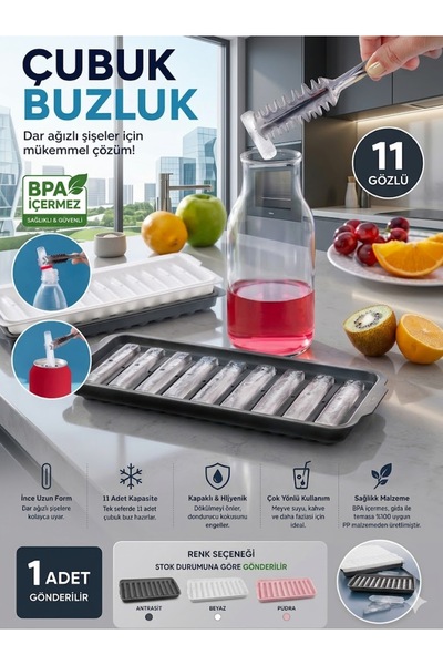 Zayas Shopping -Pratik Kapaklı Çubuk Buzluk Kalıbı - 11 Bölmeli İnce Uzun Şiş...