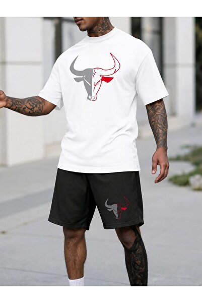 YK WEAR Unisex Bull Logo Oversize T-Shirt Shorts Two-Piece Set