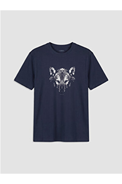 LC Waikiki New Season Navy Blue Men's Printed Combed Cotton T-Shirt