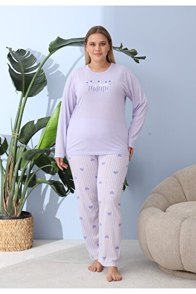 lindros Women's plus size lilac pajamas, Keep Things print, 100% cotton