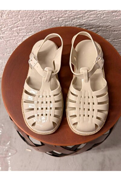 Beyond Women's Shiny Cream Straw Striped Jelly Sandals 2cm Byndhasjlly01