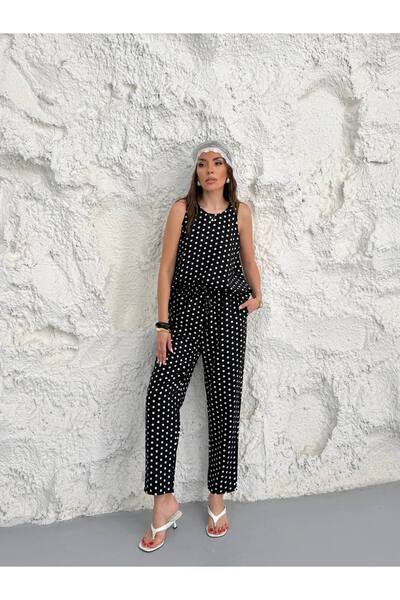 LE CARAMBOLE Ženska crna bluza i pantalone na točkice, dvodelni set