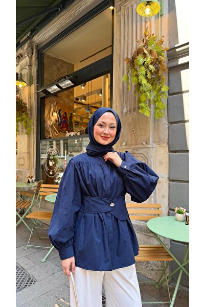 LOCCO Women's Corset Belt Detailed Gathered Shirt Navy Blue
