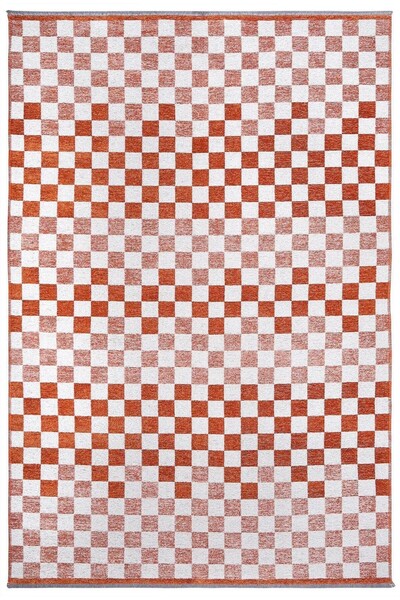 Pera Halı Turuncu Beyaz Modern Geometrik Dama Desenli Yıkanabilir Halı - YO30...
