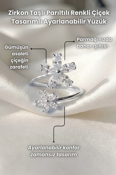 Elifsu Jewelry Zircon Stone Sparkling Colorful Flower Design Adjustable Ring