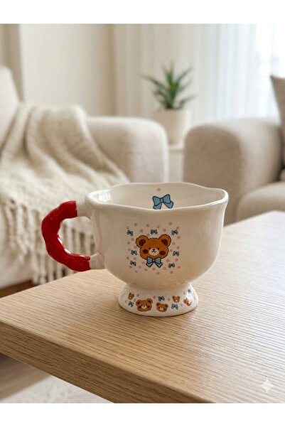 PALTO TASARIM Cute Teddy Bear Printed Handmade Cream Glossy Ballerina Mug - H...