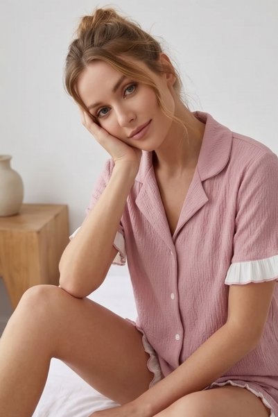 Mindy Pink Pajama Set with Ruffled Wrinkled Fabric Shorts