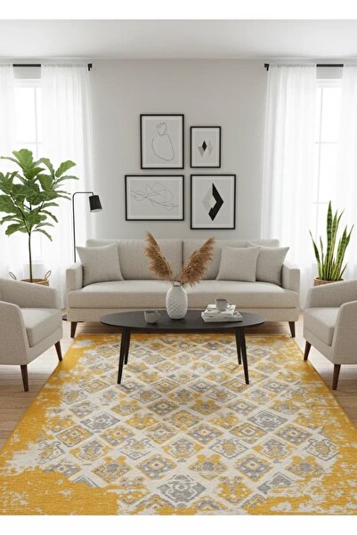 Pera Halı Gri Sarı Çift Taraflı Modern Vintage Yıkanabilir Halı - YO015FSAGR