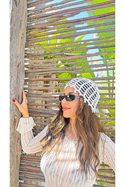 ATELİER TUĞBA Kep007 Hand Knitted Sea Shell Detail Fishnet Cap Hat
