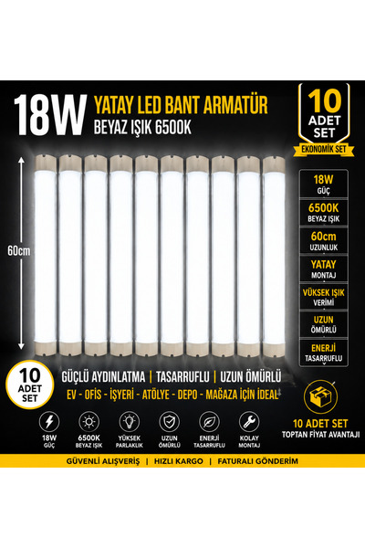 ECONA 10 ADET SET- Led Bant Armatür 60 cm Beyaz Işık Yüksek Lümenli Sıva Üstü...