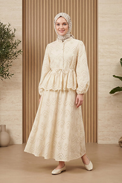 FERHEL Women's Lined Pearl Button Scallop Linen Blouse Skirt Set - Stone