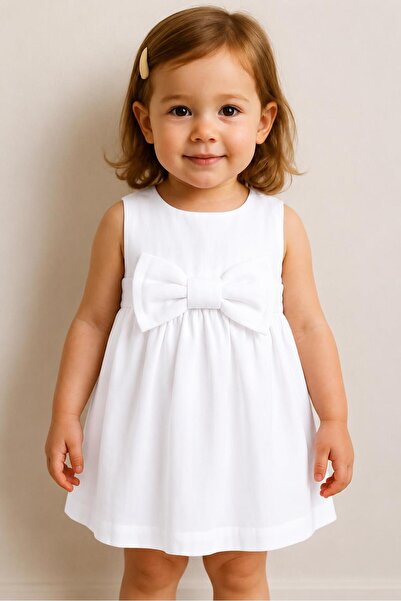 aykidsclup White Girls' Linen Dress – Summer Model with Bow Detail 50516-Y