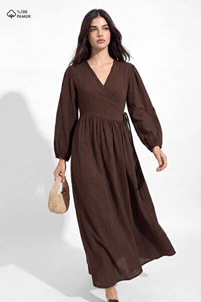 Hooopstore Kimono Closure Long Muslin Chocolate Dress