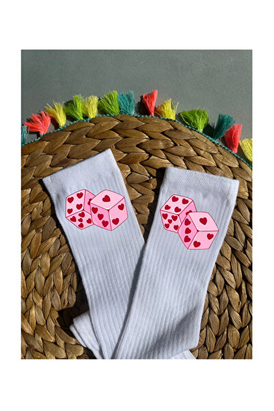 Tubinyoo White Heart Dice Printed Knee-Length School Socks