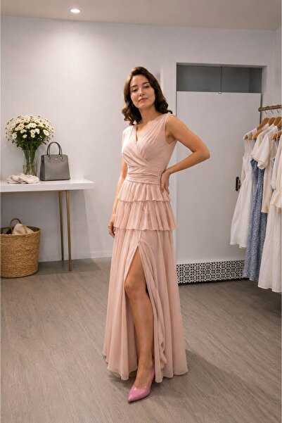 MARE BUTİK Powder Color Layered Detailed Slit Evening Dress-Xl