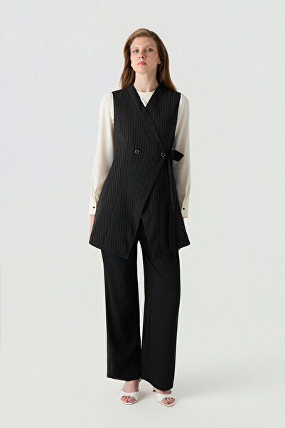 Zühre Striped Buckle Vest and Blouse Black Set 1761