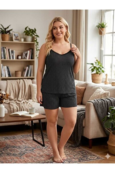 Asel Large Size Lycra Combed Cotton Fabric Pajama Set with Suspender Shorts