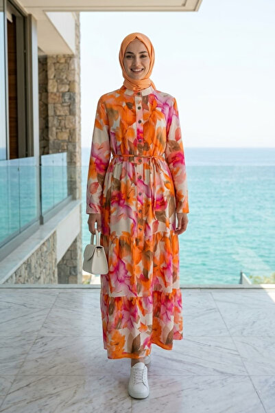 Hb Harma Time Butik Women's Buttoned Patterned Modal Fabric Orange Dress