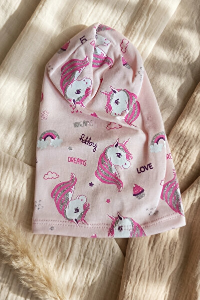 Babydonat Kız Çocuk Pembe Unicorn Desenli Pamuklu Esnek Penye Bere - Gümüş Si...