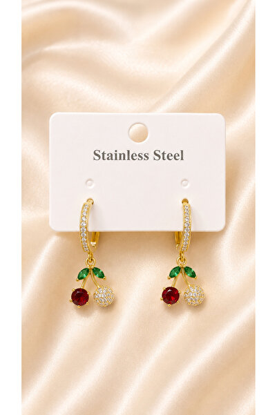 Çelik Aybala’nın Takıları Gold Renk Kiraz Figürlü Sallantılı Halka Küpe Zirko...