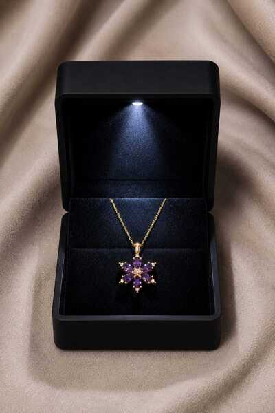 kayalaraksesuar Mor Taş Detaylı Lotus Kolye | Gold Renk Kadın Kolyesi | LED I...