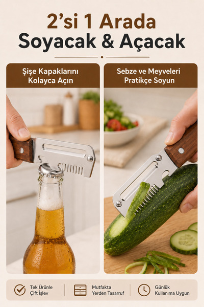 Albitmesin 5 in 1 Çok Fonksiyonlu Sebze Soyacağı Kesme, Soyma, Açma, Rendeleme, Dilimleme Dahil Paslanmaz Çelik Ahşap Saplı