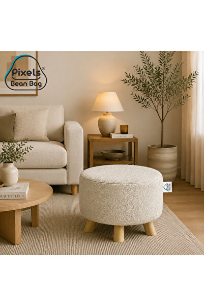 PixelsBeanBag مقعد عثماني دائري عريض قماش بوكليه من بكسل بين باج، بقواعد خشبي...