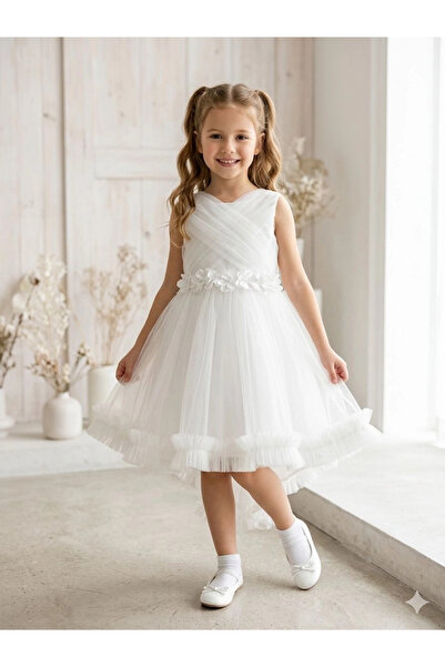 Orca Kids Fashion 2-10 Ruffled Floral Belted Evening Dress White