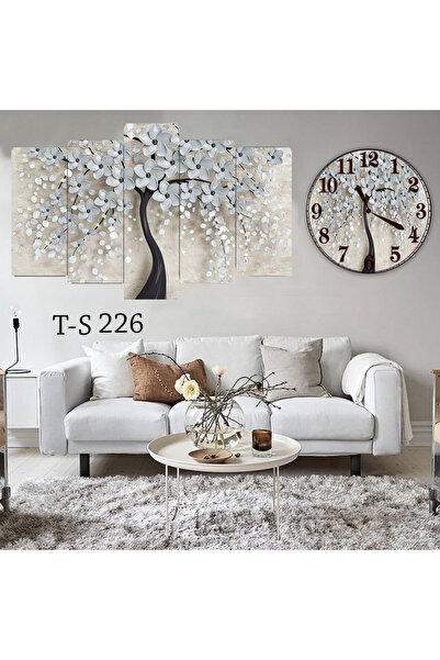 BellaaaModa Çiçekli Dekoratif Desenli Mdf Tablo 5 Parça Set ve Saatli Takım, ...