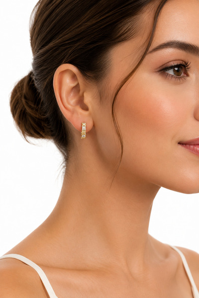 Balenbi Women's Stone Detailed X Motif Hoop Earrings Gold Color