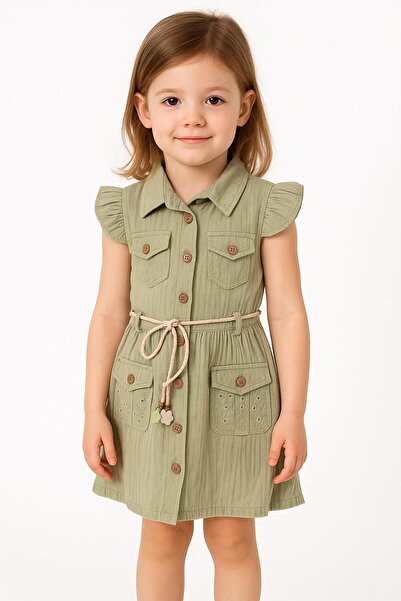 aykidsclup Girl's Green Buttoned Linen Dress with Pockets – Belt Detail 9818-Y