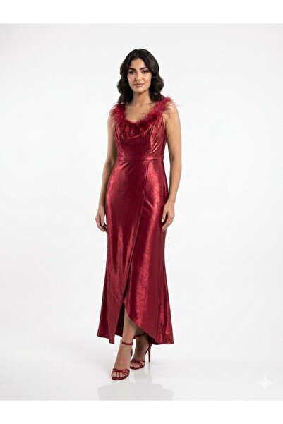 DAY BY DAY Soft Shiny Satin Evening Gown with Feathers Around the Neck and a ...