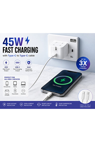 EasyLife 45W Fast Charging USB-C Wall Charger UK Plug with Type-C to Type-C C...