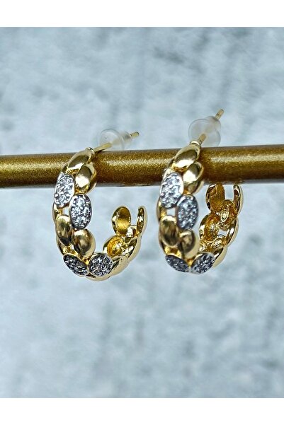 Zirkon Taş Detaylı Gold Halka Küpe