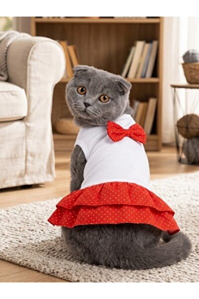 Peti Tailor Kedi Elbisesi Beyaz Kırmızı Puantiyeli Kat Kat Fırfırlı Kedi Kıya...