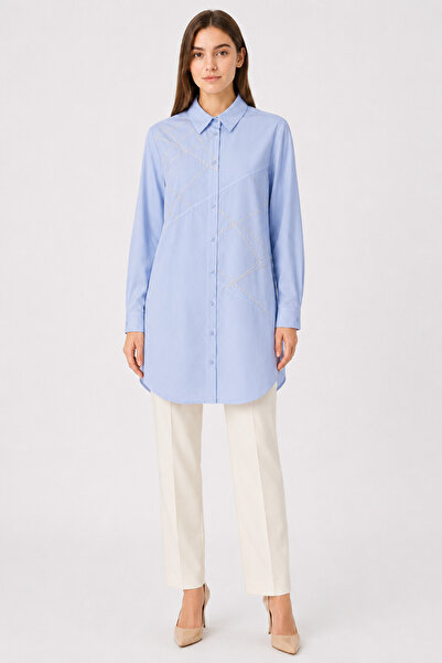Nihan Women's Shirt Collar Sequin Stitching Detailed Button Closure Cotton Lo...