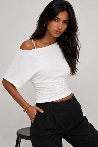 Cockatoo Women's White Asymmetrical Boat Neck Bat Sleeve Fitted Waist Cotton ...