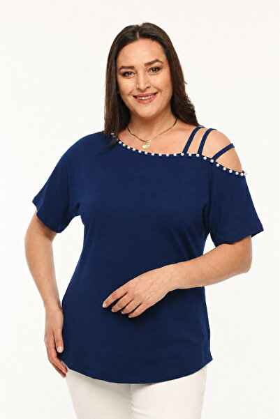 Curvy Trend Plus Size Pearl Embellished Asymmetric 3-Strap Piping Short Sleev...