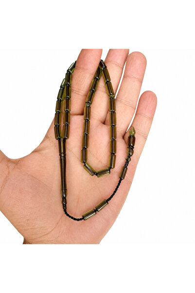 Trikala Transparent Smoked Green Cut-Off Model Crimped Fire Amber Prayer Bead...